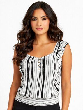 BCX Striped Flutter Sleeve Top RARE Beach Boho Button Classic Gift Spring Summer